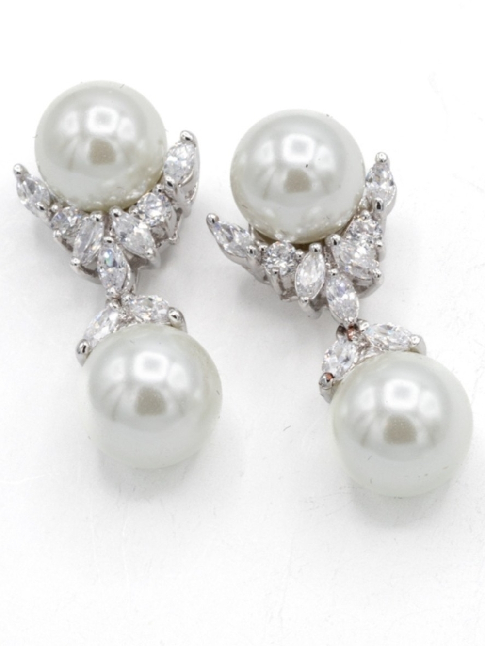 Pearl Drop Earrings with Sparkling Marquise Accents - White